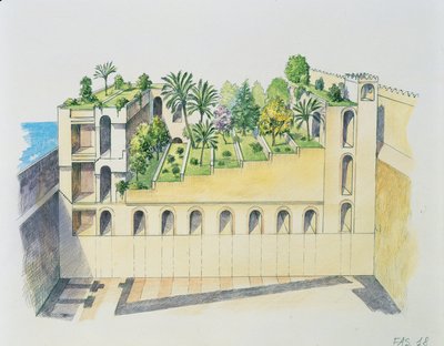 Palácio de Nabucodonosor, Babilónia, com jardins suspensos (cor litho) de School Italian