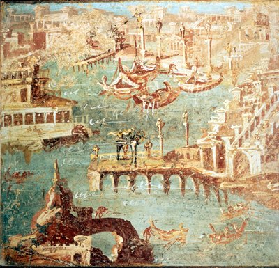 Porto de Pozzuoli (Pozzuoli) perto de Nápoles.Museo Nazionale de Nápoles de School Italian