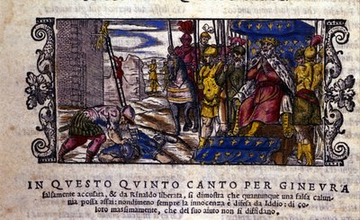 A princesa Ginevra é inocente e a luta entre o caluniador e o cavaleiro desconhecido que veio defender Ginevra é interrompida. cena do poema do cavaleiro "Orlando Furioso" (O Roland Furioso) de Ludovico Ariosto (1474 - 1533) chamado L