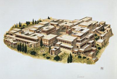 Reconstrução do Palácio de Knossos, Creta, século XX a.C. (cor litho) de School Italian