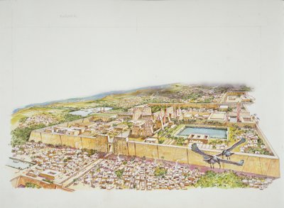 Reconstrução do Templo de Amon em Karnak durante o tempo de Ramsés II (cor litho) de School Italian