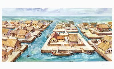 Reconstrução do porto de Spina (cor litho) de School Italian