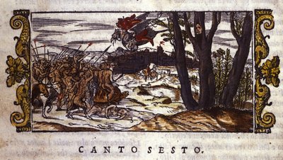 Ruggiero é levado pelo hippogrifo à ilha de Alcina onde é atacado por um exército de monstros, cena de "Orlando Furioso" de Ludovico Ariosto (1474-1533) de School Italian