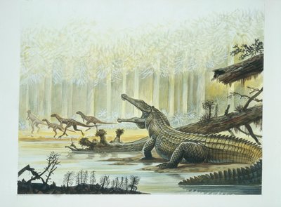 Rutiodon com Fabrosaurus ao fundo, período Triássico (cor litho) de School Italian
