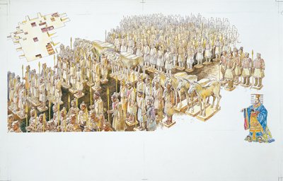 Exército de Terracota no túmulo do Imperador Qin Shi Huang (cor litho) de School Italian