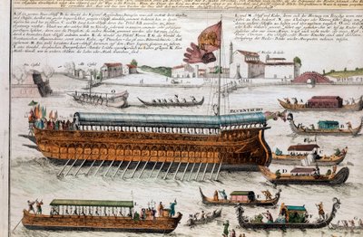 Vista da lagoa de Veneza e do Bucentauro. (Bucentauro) No dia da Ascensão, o Doge cruzou a lagoa de Veneza para chegar à boca do mar aberto a bordo de um navio chamado Bucentauro. Gravura. Veneza, museu correr de School Italian