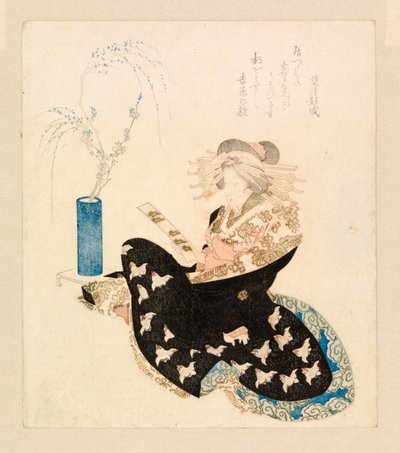 Cortesã a ler um tanzaku (xilogravura a cores) de School Japanese