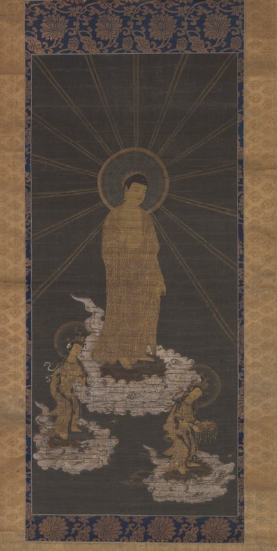 Descendência de Amida, ou Raigo, Muromachi Período c.1333-1568 (tinta sobre tecido) de School Japanese