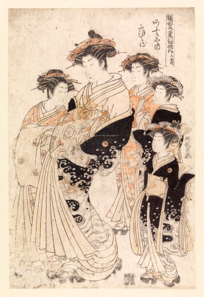 Cinco mulheres japonesas (xilogravura a cores) de School Japanese