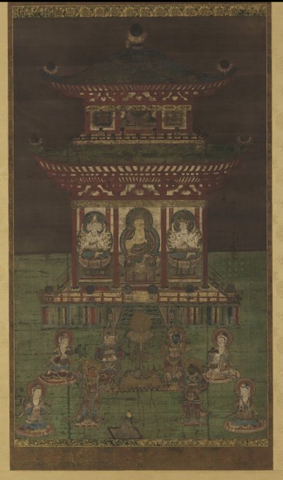 Horokaku Mandara: O Buda e divindades acompanhantes, Período Heian (cor e ouro no painel de seda) de Japanese School