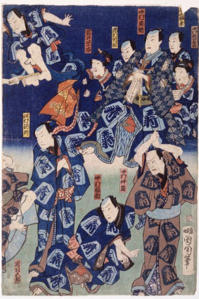 Miríade de Actores (Tríptico) (xilogravura colorida) de School Japanese