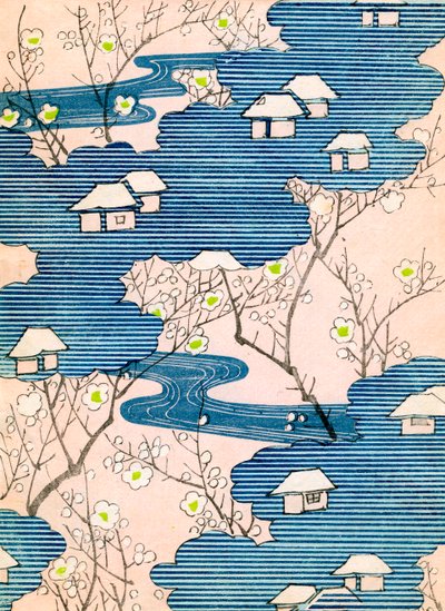 Padrão para um desenho de quimono: Casas de campo com rios e flores de cerejeira, c.1900 (impressão xilográfica a cores) de School Japanese