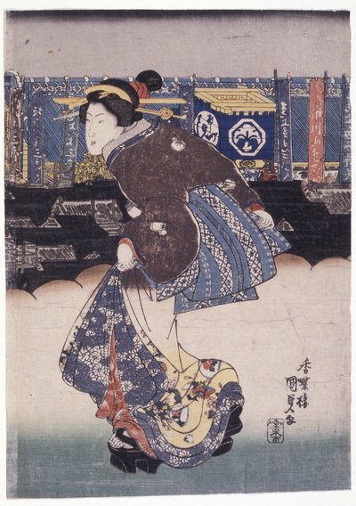 Mulher; Nomes de Actores em Banners de Fundo (xilogravura a cores) de School Japanese
