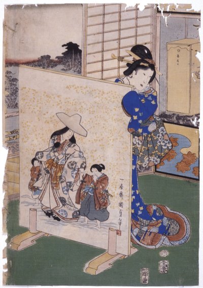 Mulher de pé atrás de Tsuitate c/ Pintura S. "Kunisada" (xilogravura a cores) de School Japanese