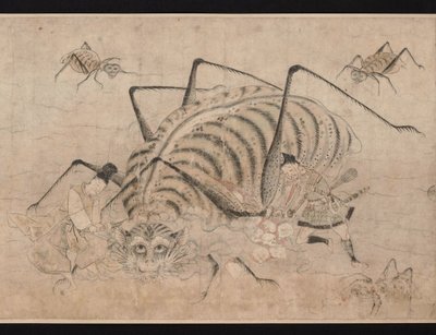 Yorimitsu mata Tsuchigumo (demónio aranha) (Yoriitsu mata Tsuchigumo) Detalhe do pergaminho Tsuchigumo no Soshi Emaki - Trabalho anónimo, aguarela sobre papel de School Japanese