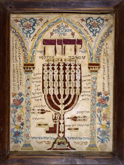 Misrach alsaciano indicando a direção de Jerusalém nas casas judaicas e representando o Menorah ou Menora (candelabro de sete pontas). Musée d