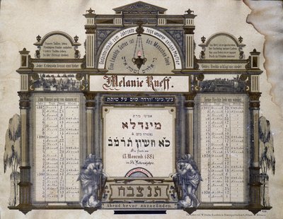 Calendário comemorativo dos futuros serviços mortuários de um parente próximo falecido. Pintura Jahrzeit. Museu Judaico da Basiléia, Suíça. de School Jewish