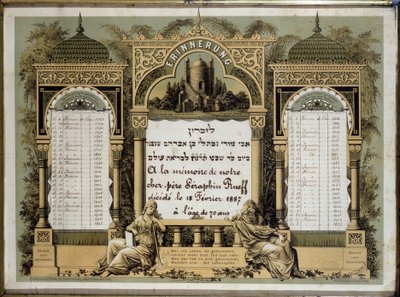 Calendário comemorativo dos futuros serviços mortuários de um parente próximo falecido. Pintura Jahrzeit. Museu Judaico da Basiléia, Suíça. de School Jewish