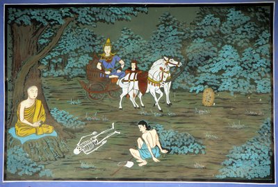 Buda em meditação e esqueleto. Fresco no Templo de Yongju, região de Suwon, Coreia. de School Korean