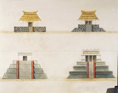 Reconstrução histórica de edifícios em Tenochtitlan (cor litho) de School Mexican