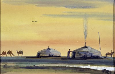 Yurts e camelos, Mongólia - aquarela mongol de School Mongolian