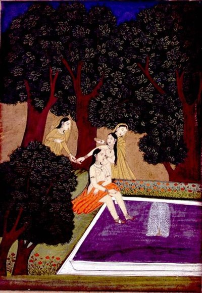 Uma senhora numa piscina, Johnson Album IX, no.16, c.1780 (guache com ouro sobre papel) de School Mughal