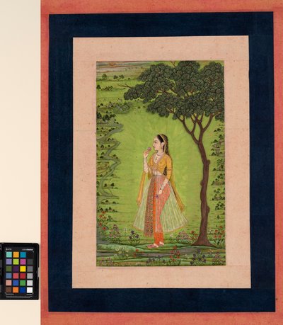 Uma mulher de pé ao lado de uma árvore, segurando uma flor, c.1720 (opaco w - ce dourado no papel) de School Mughal