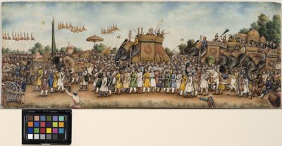 Akbar Shah II monta um elefante em uma enorme procissão, por volta de 1835 (aquarela opaca e ouro sobre marfim) de School Mughal