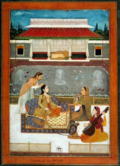 Uma princesa indiana tem a sua sanita em miniatura da Escola Mughole de 1740. de School Mughal