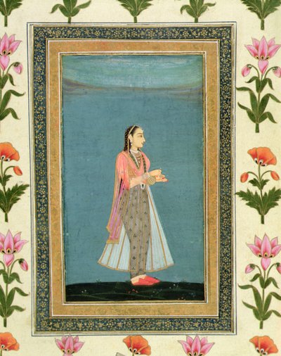 Senhora segurando um frasco e uma taça de vinho, do Grande Álbum Clive (aguarela sobre papel) de School Mughal