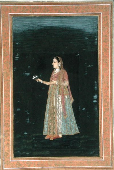 Senhora segurando flores, do Pequeno Clive Album (aguarela opaca sobre papel) de School Mughal