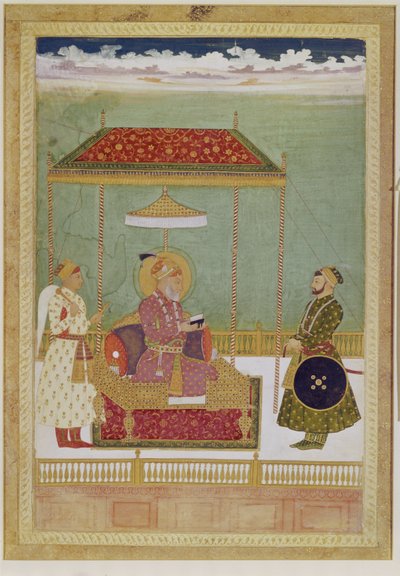 Retrato de Shah Aurangzeb com um homem, possivelmente Ashraf Khan, início do século 18 (aquarela opaca, tinta e ouro sobre papel) de School Mughal