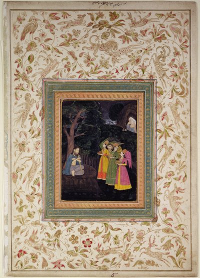 Sultan Ibrahim Adham de Balkh com Anjos, Johnson Album VI, no.5, c.1770-80 (guache com ouro na folha do álbum) de School Mughal