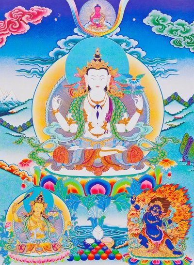 Imagem que representa Chenresi, o senhor das seis sílabas "Om Mani Padme Hum" (guache sobre tecido) de School Nepalese