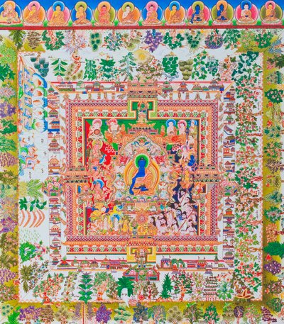 Buda Mandala da Medicina, a figura central de Bhaisajyaguru representa o curandeiro supremo em vestes monásticas com uma tigela contendo plantas medicinais (guache sobre tecido) de School Nepalese