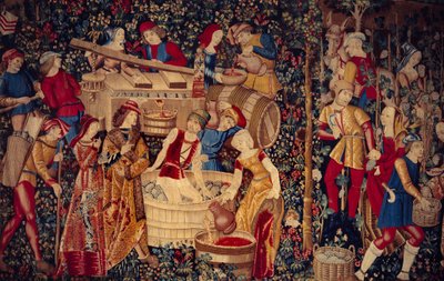 Detalhe da cena da colheita à esquerda. Tapeçaria da Holanda de School Netherlandish