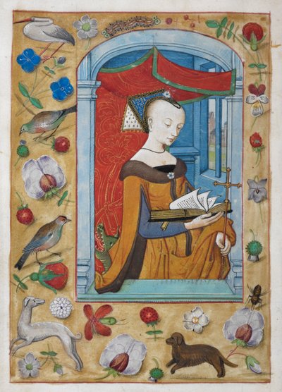 Reis 9, f.62v Comenda a Santa Margarida. A santa, com uma cruz na mão esquerda, está a ler debaixo de um dossel, com um dragão atrás dela. Fronteiras da decoração trompe l