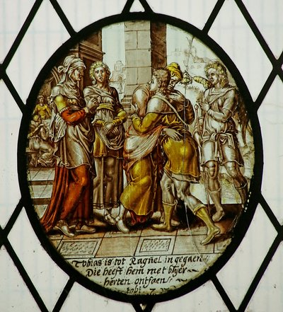 Roundel: Tobias chega ao Ecbatana (vidro manchado) de School Netherlandish