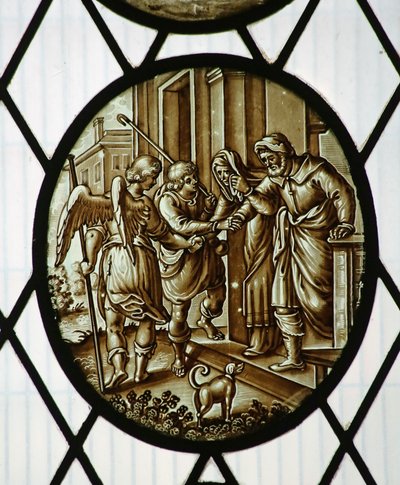 Roundel: Tobias parte com o anjo, provavelmente do século XIX (vitral) de School Netherlandish