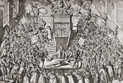 Alunos a assistir a uma aula de anatomia na Universidade de Leiden, de "Geschiedenis van Nederland", pub. 1936 (impressão) de School Netherlandish