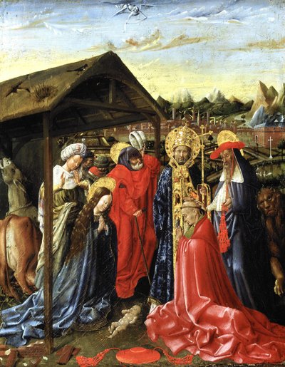 A Natividade com SS. Sixtus (?) e Jerome e um cardeal (óleo sobre painel) de School Netherlandish