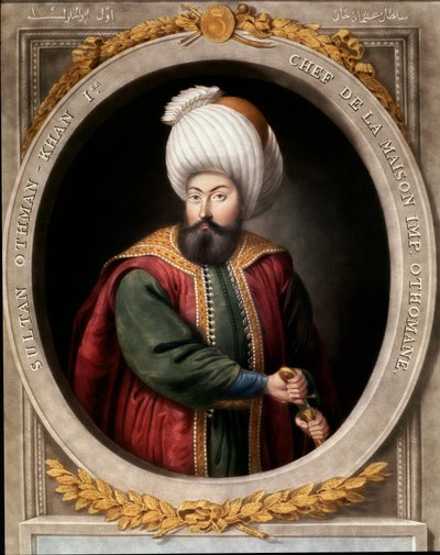 Império Otomano: retrato do primeiro Sultão Otomano Osman I (1299-1326). Biblioteca Topkapi Sarayi Istambul de School Ottoman