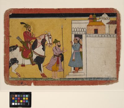 Uma caça ao príncipe pára na porta de uma casa, c.1700 (opaco w - ce ouro no papel) de School Pahari