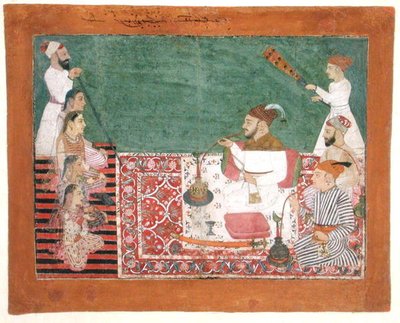 Rajah Deep Chand e amigos fumando um hookah, Bijapur, c.1760 (gouache no papel) de School Pahari