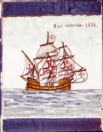 Representação de uma caraque (nave) da frota portuguesa (Desenho em cerâmica de School Portuguese