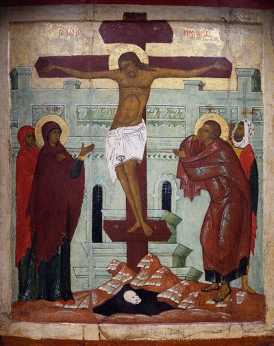 Crucificação, ícone da Novgorod (tempera na madeira) de School Russian