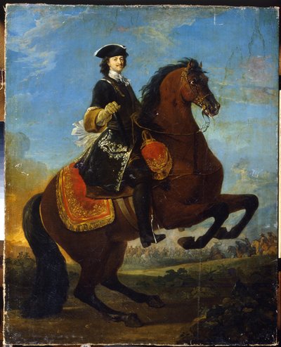 Retrato equestre de Pedro I com uma batalha da Grande Guerra do Norte como pano de fundo de School Russian
