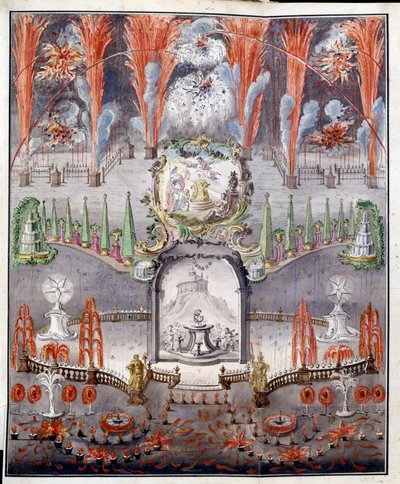 Fogo de artifício e iluminação a 17 de Setembro de 1747 em Gostilitsy (Rússia). Obra anónima, gravura em chapa de cobre com aguarelas, meados do século XVIII. Arte russa de School Russian
