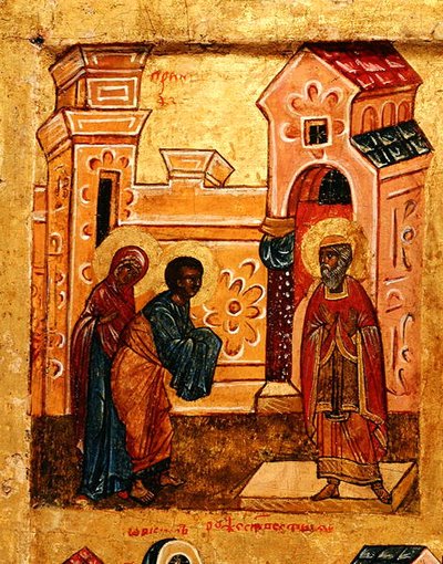 Ícone representando Joachim e Anna visitando o Templo em Jerusalém, c.1550 (tempera e folha de ouro no painel) (detalhe de 314500) de School Russian