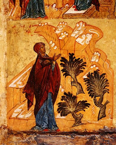 Ícone representando a Virgem rezando no deserto, c.1550 (tempera e folha de ouro no painel) (detalhe de 314500) de School Russian